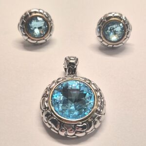 Aqua Blue Crystal Pendant & Earrings Set Silver Tone Clip/post No Chain